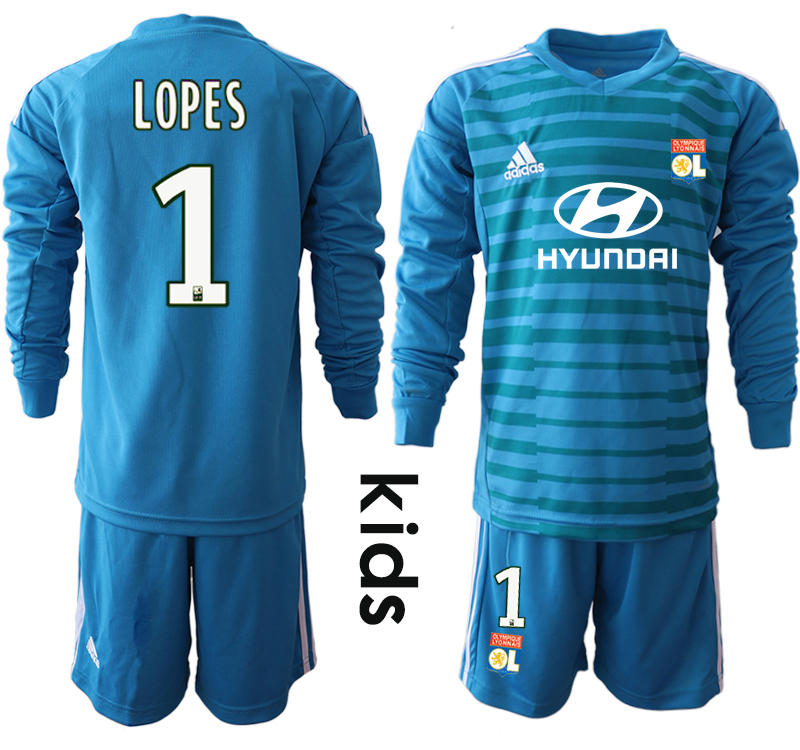 2018_2019 Club Olympique Lyonnais blue goalkeeper Youth Long sleeve #1 soccer jerseys->youth soccer jersey->Youth Jersey